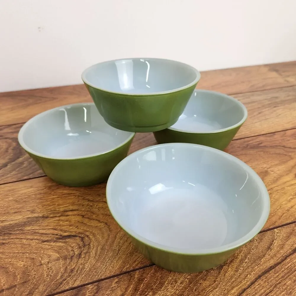 Set of 4 Vintage FIRE KING Anchor Hocking Green White Small Bowl Soup, Chili USA